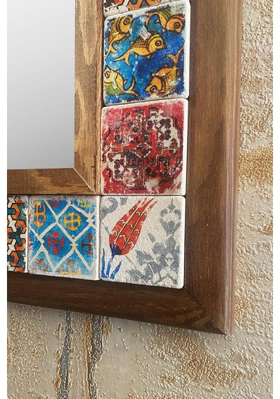Oscar Stone Decor Ahşap Çerçeveli Mozaik Taş Mermer Ayna 63x93 Cm Seramik Eskitme Çini Desenli Diğer