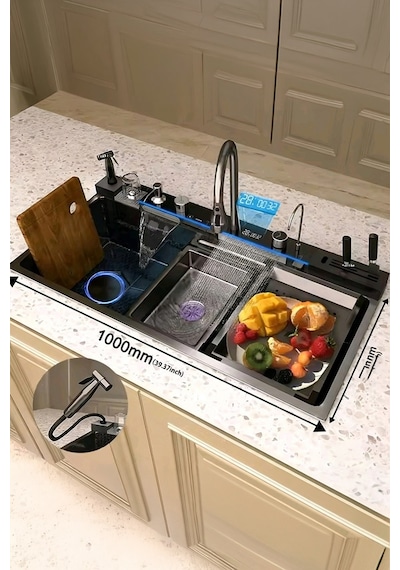 Lüx Dijital Akıllı Eviye Seti Premium Black Akıllı Mutfak Evyesi- 100x46 Cm Çok Fonksiyonlu Siyah Lüx Dijital Akıllı Eviye Seti Premium Black Akıllı Mutfak Evyesi- 100x46 Cm Çok Fonksiyonlu Siyah