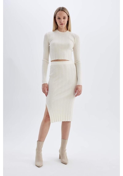 Defacto Coool Slim Fit Dar Kesim Basic Düz Yırtmaçlı Triko Midi Etek A2058AX24AUBG303 Bej