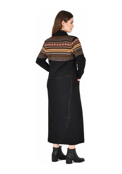 Onno Style Women Kilim Desen Uzun Ceket Siyah