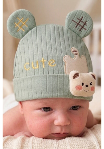 Kayra Baby Erkek Bebek Cute Ayıcık Figürlü Penye Şapka 0-9 Ay Yeşil