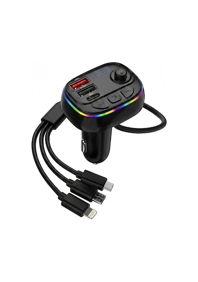 Yk-ft620 Led Işıklı, Bütün Telefonlarla Uyumlu 3 Lü Kablolu, Araç Fm Transmitter 5.0 Bluetooth Araç Kiti, 3.1amper Hızlı Şarj Çakmaklık Girişli