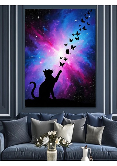 Ahşap Tablo Uzayda Kelebek Yakalayan Kedi