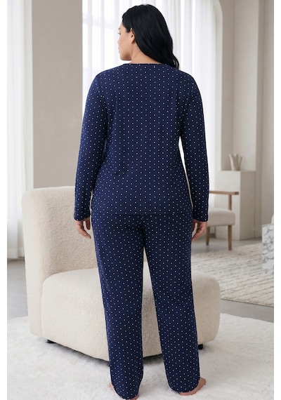 Siyah İnci Pamuklu Likralı Büyük Beden Battal Boy Örme Pijama Takım 26240888 Lacivert