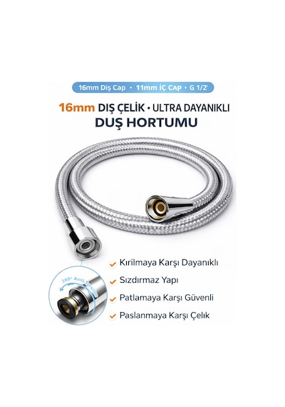 150 Cm Çelik Örgülü Duş Hortumu 1/2 Bağlantı 360 Kırılmaz Paslanmaz Gri