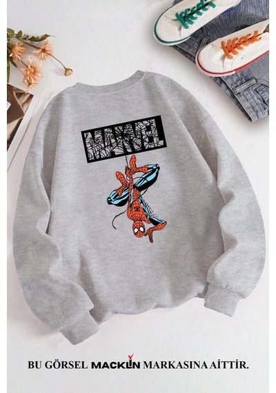Macklin Unisex Kadın Erkek Marvel Spiderman Ön Ve Arka Özel Tasarım Baskılı Bisiklet Yaka Sweatshirt Gri Mck1390 Gri