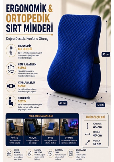 Ergonomik Ve Ortopedik Sırt Minderi Doğru Destek, Konforlu Oturuş Lacivert