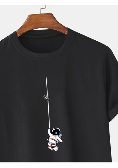 Unisex Mini Astranot Tasarım Basklı Tshirt Siyah
