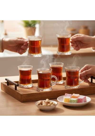 Lüks Kulplu Çay Fincanı 6 Adet Kristal Berraklığında Cam Estetik Ve Ergonomik Tasarım Çay Bardağı Seti Çok Renkli