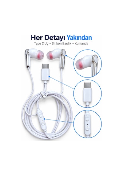 Mey İthalat Kumandalı Ve Silikon Başlıklı Beyaz Type C Kablolu Kulaklık Çok Renkli