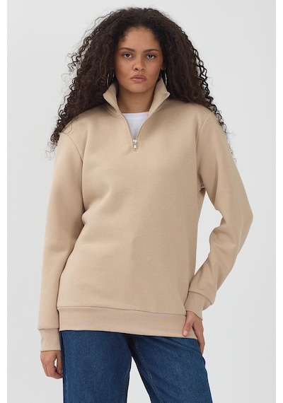 Polostate Unisex Regular Fit Rahat Kesim Pamuklu Içi Polarlı Yarım Fermuarlı Bej Dik Yaka Sweatshirt Bej