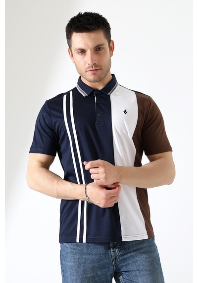 Rıbana Classıc Erkek Çizgili Şerit Detaylı Pamuklu Polo Yaka T-shirt Lacivert