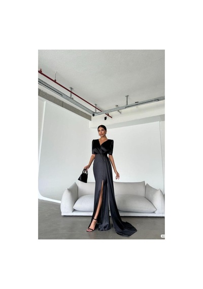 DefyModa Kadın Saten Kumaş Kruvaze Yaka Abiye Elbise Siyah