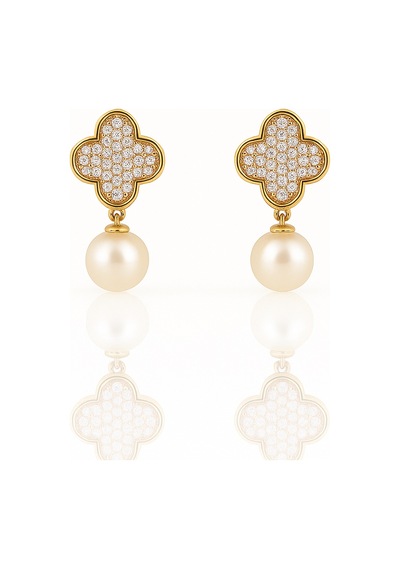 14k Gold Plated Pearl Clover Drop Küpe Gold