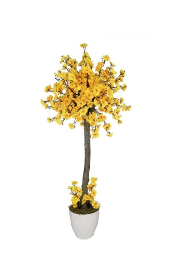 Yapay Ağaç Sarı Bahar Dalı Japon Kiraz Çiçeği Beyaz Saksılı 90Cm