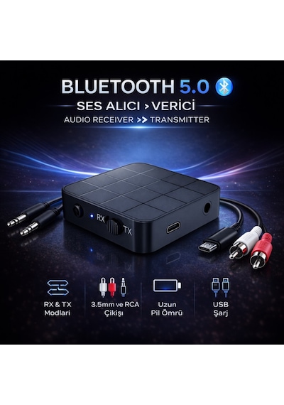Polham Bluetooth 5.0 Ses Alıcı Ve Verici Rx/tx Tv İçin Kablosuz Kulaklık Adaptörü 3.5mm & Rca Destekli