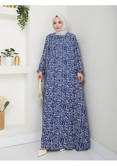 Nevayla Moda Önü Büzgülü Viskon Elbise - İndigo / E0130 İndigo