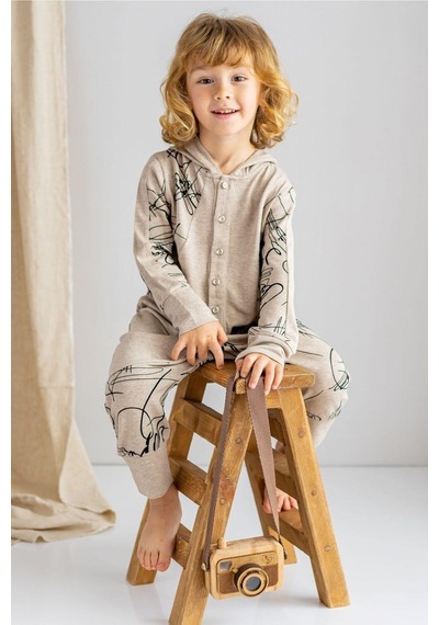 Oliven The Kid Oliventhekid Bej Ince Triko Geometrik Desenli Kapişonlu Önden Düğmeli Kışlık Unisex Çocuk Tulum Bej Bej
