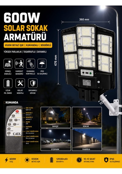 600w Kumandalı Solar Güneş Enerjili Sokak Armatürü 6500k