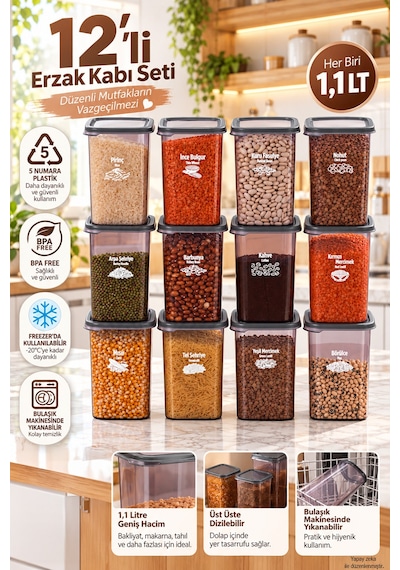 Porsima 4512 Kiler Box 12'li Kare Erzak Saklama Kabı Seti 1,1 Litre Şeffaf Füme Bakliyat, Baharat Ve Mutfak Düzenleyici