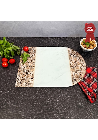 Kanallı Cam Kesme Tahtası - Arabesk Desen - Kenarı Oval - 25x35cm
