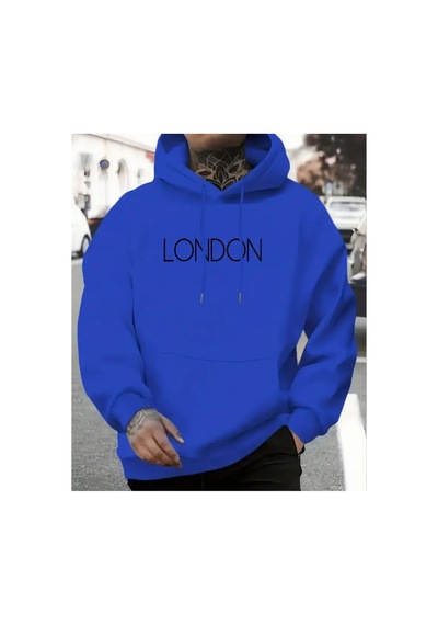 Herkesemoda London Baskılı Kapşonlu Mavi Sweatshirt Mavi