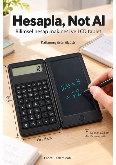 Katlanabilir Bilimsel Hesap Makinesi Silinebilir Lcd Yazı Tabletli Siyah