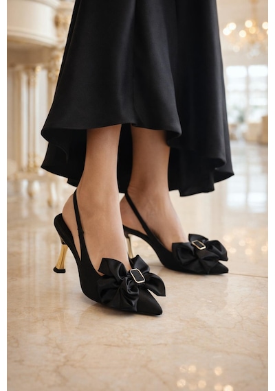 Modaonn Kadın Büyük Fiyonklu Slingback Topuklu Ayakkabı Siyah