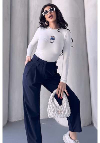 Kadın Jessia Bel Ve Paça Düğmeli Balon Model Likralı Kumaş Pantolon Lacivert