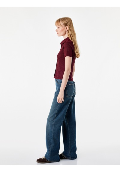 Koton Regular Fit Kısa Kollu Düğmeli Bürümcük Kumaş Polo Yaka Bluz Bordo 7wal60015ık