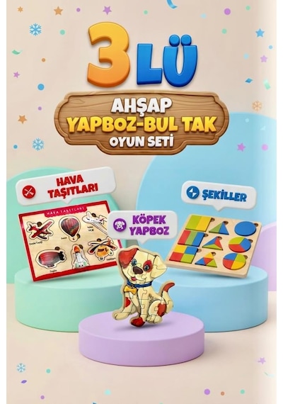 Eğitici Öğterici Ve Eğlenceli 3'lü Ahşap Yapboz Hikayeli Yapboz Ve Bul-tak Oyun Takımı