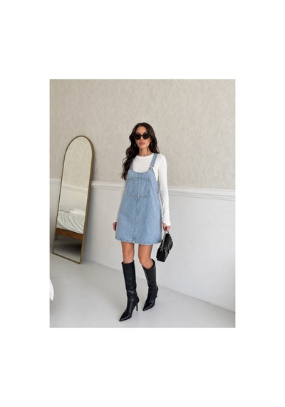 Kene Jeans Kadın Mavi Kanguru Cep Bahçevan Kot Elbise Mavi