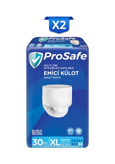 Prosafe Külotlu Yetişkin Hasta Bezi Emici Külot Islaklık Göstergeli Bel Ölçüsü 130-170cm Xlarge 30'lux2paket XL