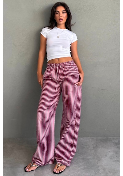 Madmext Bordo Beli Ayarlanabilir Çizgili Cepli Bol Paça Kadın Pantolon Mg2312