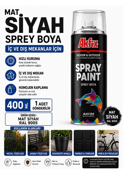 Akfix Sprey Boya Renk Seçiniz 400 Ml İç Ve Dış Cephede Kullanılabilir Mükemmel Kapatıcılık Mat Siyah