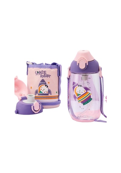 480ml Kılıflı 2 Ayrı Kapaklı Pipetli/pipetsiz Tritan Çocuk Su Matarası Mor-yavruağzı Genel