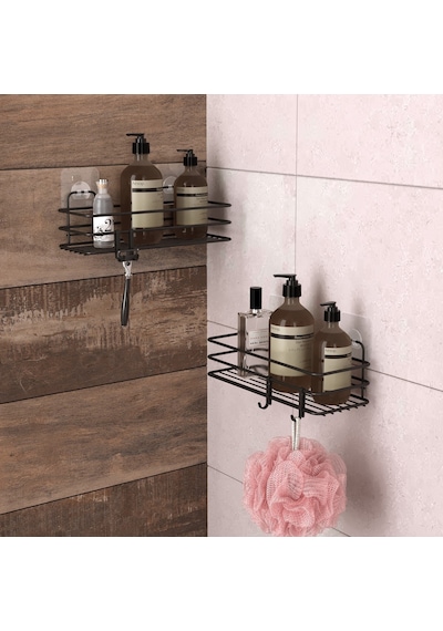 Teknotel Yapışkanlı Kancalı 2 Adet Banyo Rafı Mat Siyah St217H Siyah