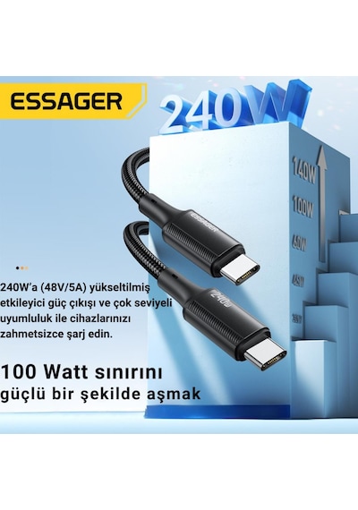 Essager 2 Metre Pd 240w Type-c To Type-c Mega Hızlı Data Şarj Kablosu, Telefon, Tablet, Laptop Şarj Kablosu