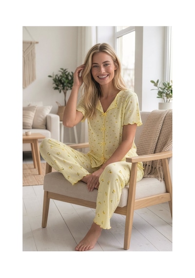 Eyfuze Kadın Baskılı Fiyonk Detaylı Raporlu Kaşkorse Kısa Kollu Pijama Takımı Sarı