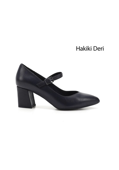 Gönderi(R) Gönderi R Lacivert Antik Sivri Burun Topuklu Mary Jane Hakiki Deri Ayakkabı Lacivert