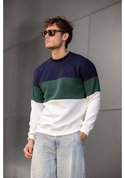 Trc 3244 Üç İplik Pamuklu Parçalı Bisiklet Yaka Erkek Sweatshirt 001