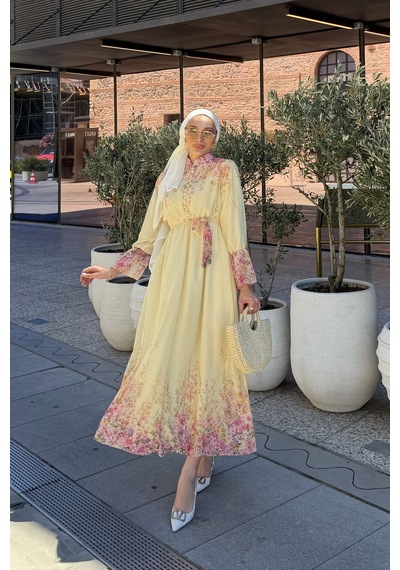Riella Butik Çiçek Desenli Tesettür Elbise Sarı