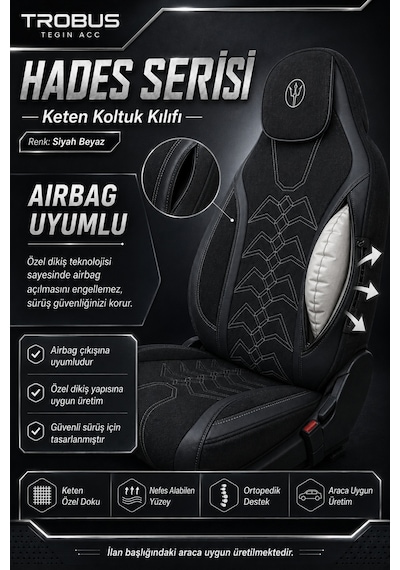 Honda Civic Fe Kasa 2021 Ve Sonrası Uyumlu Hades Serisi Keten Koltuk Kılıfı Siyah Beyaz