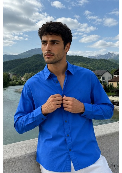 Respire Erkek Minimal Baskılı Oversize Dokulu Gömlek Mavi