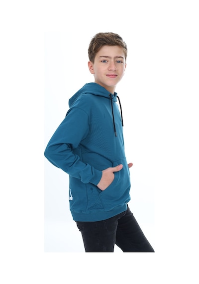 Toontoy Kids Toontoy Erkek Çocuk Oversize Kapüşonlu Cepli Düşük Omuz Baskılı Sweatshirt - 2 İplik Petrol Mavi