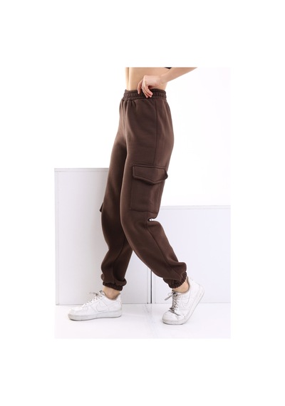 Winmoda34 Kadın Jogger Kalın 3 Iplik Yandan Cepli Kargo Eşofman Altı Kahverengi