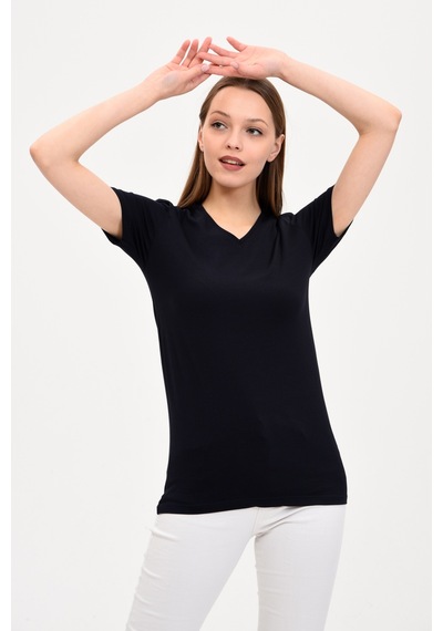 Genıus Kadın V Yaka Basic T-Shirt Lacivert
