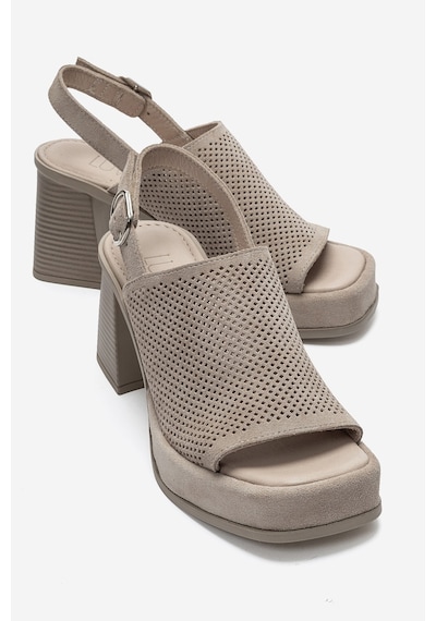 Luvi Shoes Penvıa Bej Süet Hakiki Deri Kadın Kalın Topuklu Sandalet