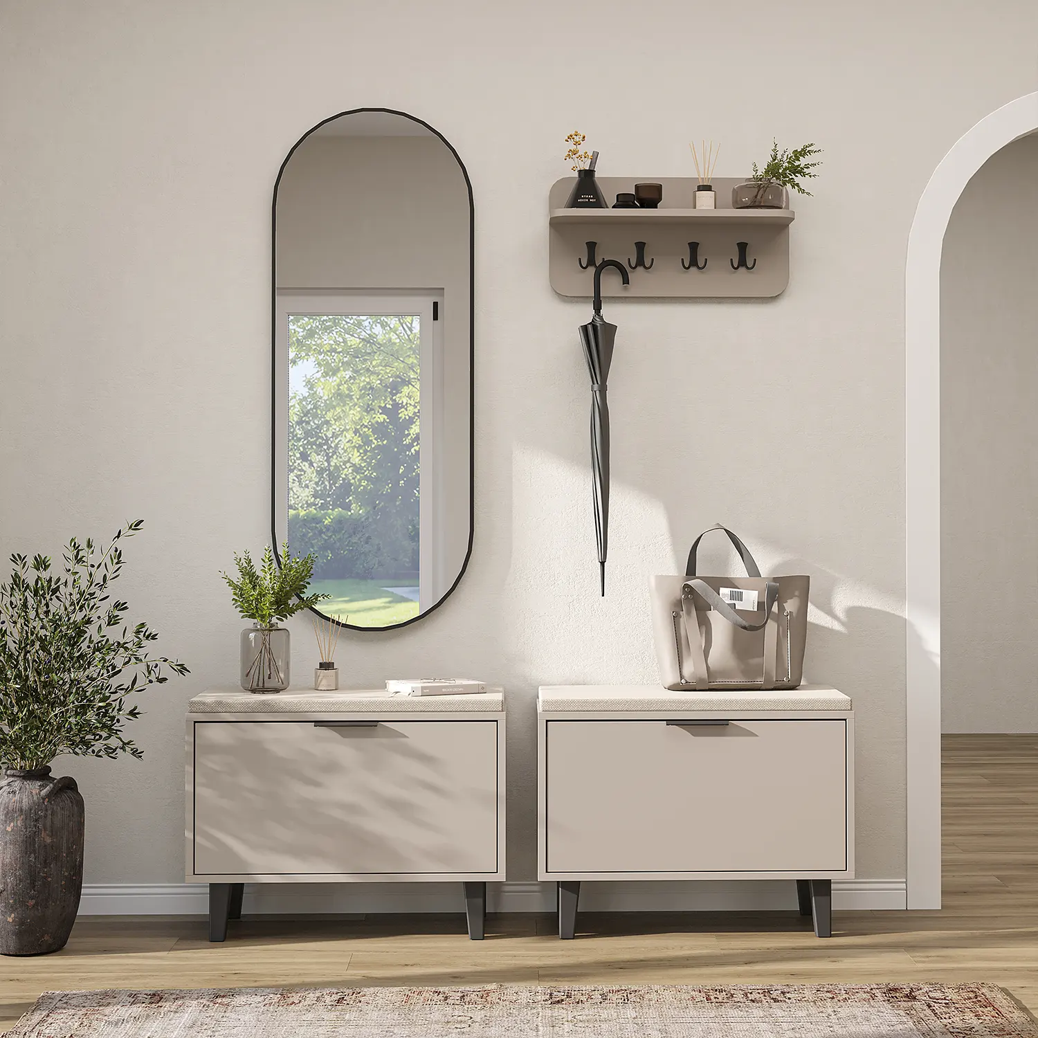 Nord Vestiyer Takımı Askılıklı, Kapaklı Bench, Modüler, Oval Aynalı Portmanto Takımı Kumtaşı Nord Vestiyer Takımı Askılıklı, Kapaklı Bench, Modüler, Oval Aynalı Portmanto Takımı Kumtaşı