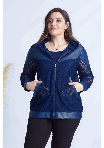 Moda Berray 4031 Lacivert Fermuarlı Derili Kombin Dantel Büyük Beden Ceket Lacivert